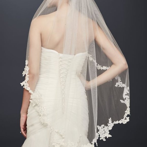 DAVID'S BRIDAL Corded Lace Edge Fingertip Veil - Picture 1 of 4